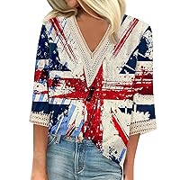 4th of July Tops for Women,Women's Loose Summer 3/4 Sleeve V Neck Lace Independence Day Shirt Top Blouses Dressy Casual