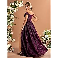 Off Shoulder Split Thigh Glitter Bridesmaid Dress (Color : Red Violet, Size : X-Large)