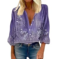 Womens 3/4 Sleeve Tops and Blouses Retro Flower Printed Blouses for Women Business Slouchy Button Up Shirt Women