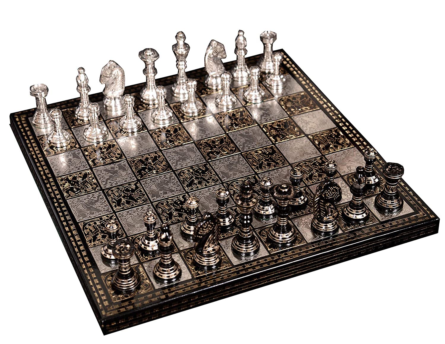 Shyam Antique Creation Collectible Premium Luxury Solid Metal Brass Chess Set for Adults Sets - Board Game Pieces 14Inx14In, Set, Silver & Black, 14X14X5 Inches