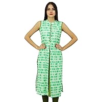 Bimba Womens Green Cotton Kurti Sleeveless Printed Kurta India Tunic Blouse Clothing
