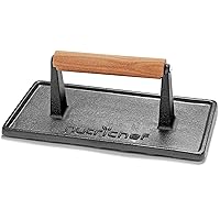 Cast Iron Grill Press - Heavy-Duty Griddle Press with Wooden Handle, Speeds Up Cooking Time on Steak, Burger Patty, Meats, Bacon, Quesadillas & More, Leave an Attractive Mark on Any Meat