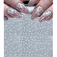 6Sheets 5D Relief White Flower Nail Stickers for Acrylic Nails, Nails Art Supplies Nail Decals White Lace Flower Vine Simple Design for Daily Manicure French Embossed Engraved Mandala Nail Decorations