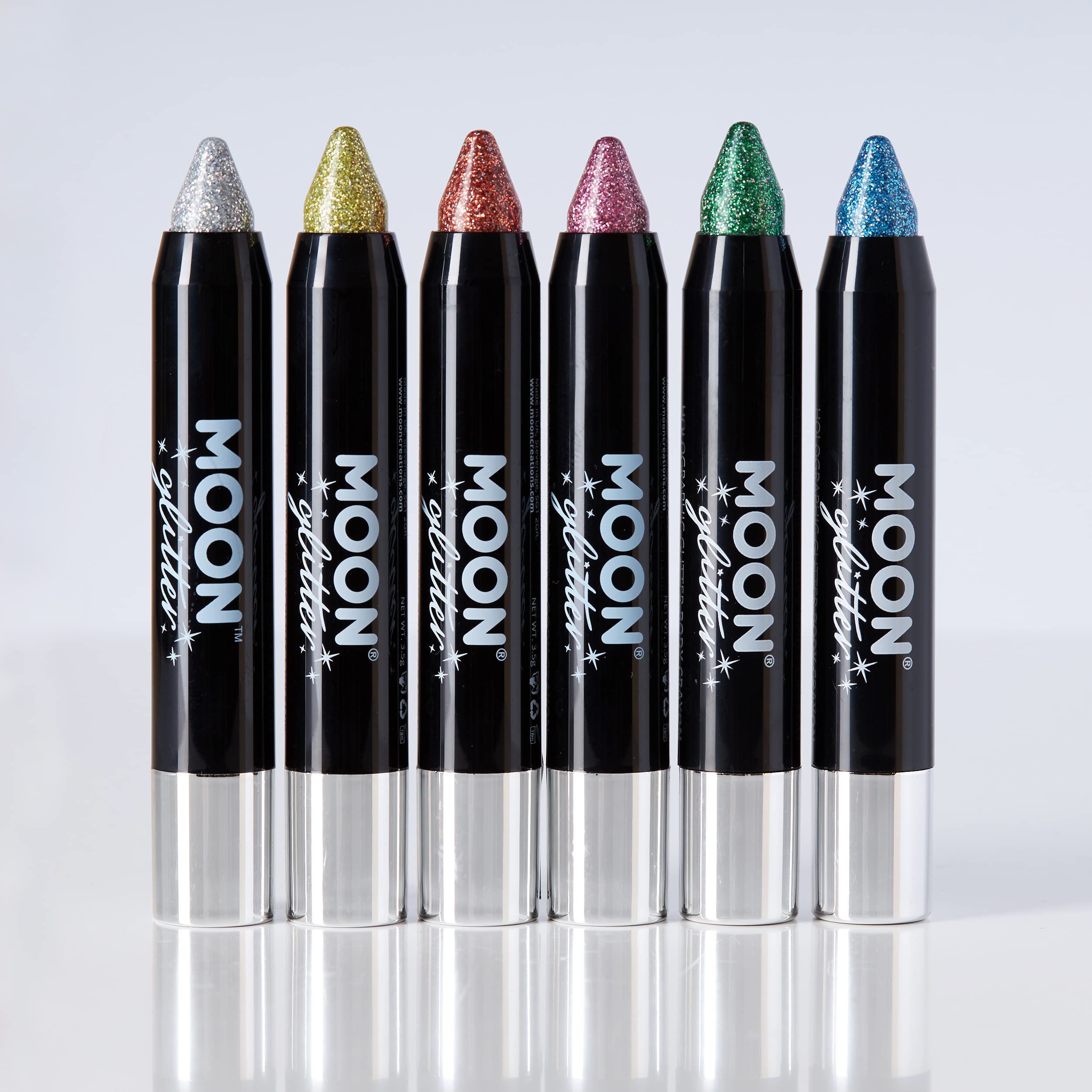 Holographic Glitter Paint Stick/Body Crayon makeup for the Face & Body by Moon Glitter - 0.12oz - Set of 6 colours