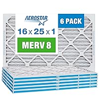 Aerostar 16x25x1 MERV 8 Pleated Air Filter, AC Furnace Air Filter, 6 Pack (Actual Size: 15 3/4