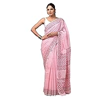 Pink Stripe Indian Woman Hand Block Printed Mul Cotton Saree Formal Blouse Sari 923e