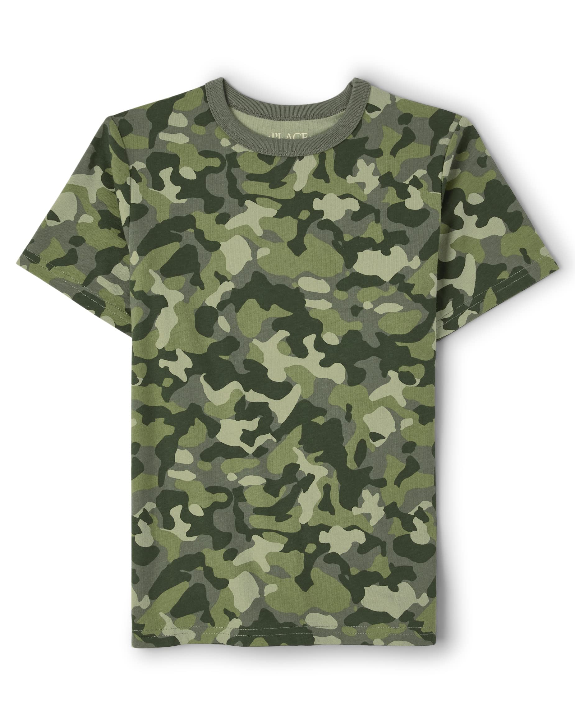 The Children's Place Boys' Short Sleeve Fashion Shirt, Green Camo, Medium (7/8),boys,Short SleeveCrewneck T-Shirt,Camo Green,7-8