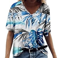 Summer Tops for Women 2024 Short Sleeve Tropical Print V Neck Hawaiian Shirt Holiday Novelty Partys Oversized Tshirts