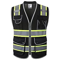 9 Pockets Hi-Vis Black Safety Vest for Men Women High Visibility Reflective Construction Mesh Fabric Cushioned Collar Work Utility PPE Work Gear ANSI/ISEA compliant(101-Black XXL)