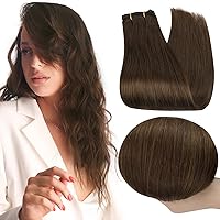 Weft Hair Extensions Human Hair 24 Inch Seamless Sew in Hair Extensions Real Human Hair Soft Straight Hair Extensions Medium Brown Hair Extensions Invisible Bundles for Long Hair 105G