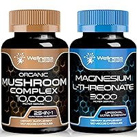Organic Mushroom Supplement Capsules - 10000mg - 25 in 1 Mushroom Complex Capsules, Lion's Mane Mushroom Capsules │ Magnesium Glycinate Capsules - 750mg, 120 Count - Ultra Strength Magnesium Complex D