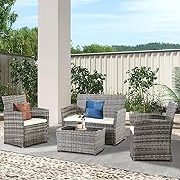 4 Piece Patio Furniture Set, Outdoor Wicker Conversation Sets with Cushion, Rattan Sofa Chair for Backyard Lawn Garden (Gray Wicker/Beige Cushion)