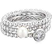 Amazon Collection Platinum-Plated Sterling Silver Zirconia Cultured Freshwater Pearl Stackable Ring