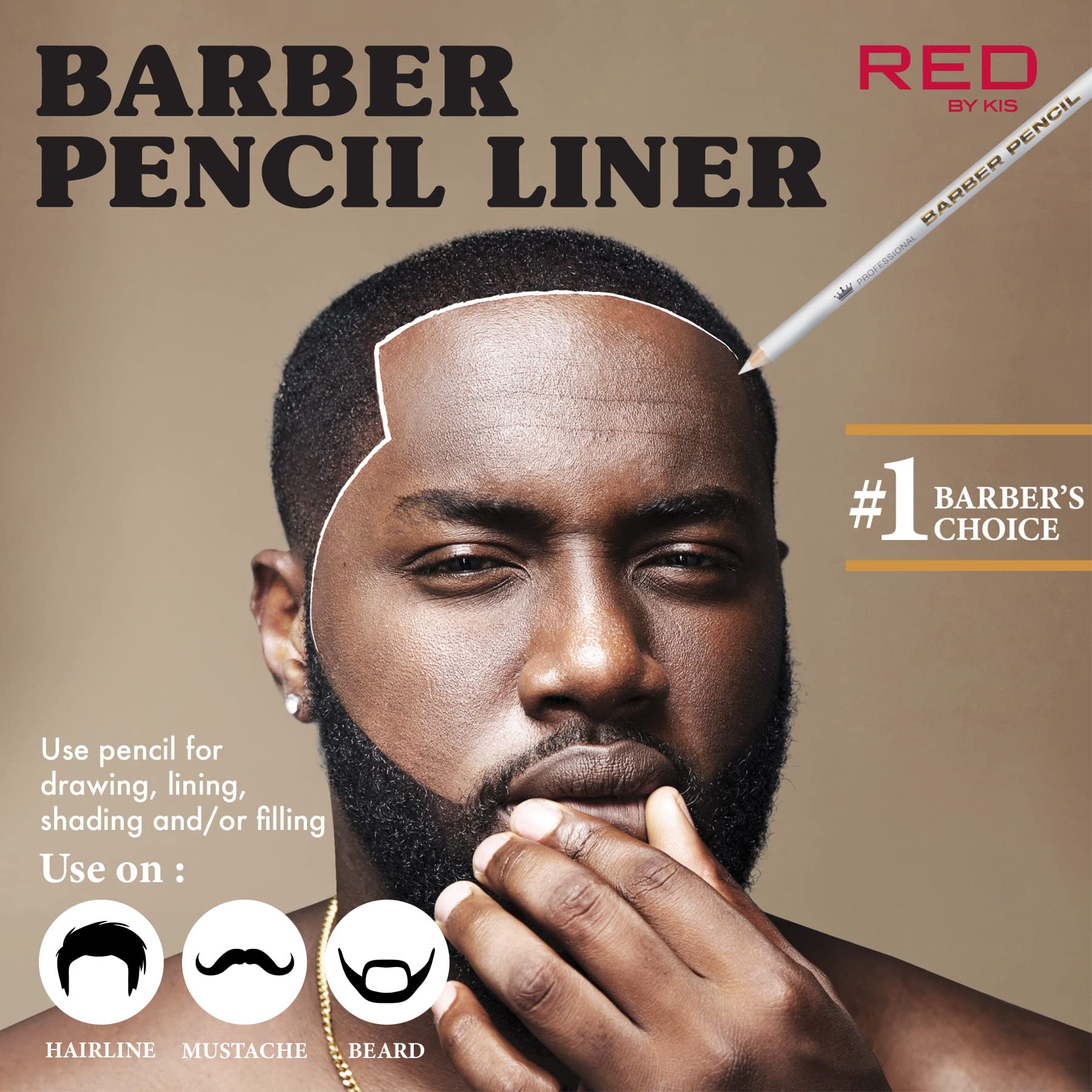 Red by Kiss 3PCS Barber Pencil with Built-in Sharpener Edge Hairline Razor Trace Pencils Beard Guide Beard and Hairline Outliner Pencils, Beard Shaping Pencils for Men (White)