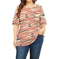 POSESHE Womens Plus Size Summer Tunic Tops Cold Shoulder Tee Ruffle Short Sleeve T Shirt