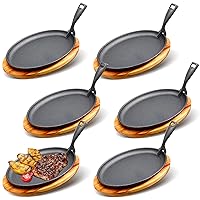 Cast Iron Skillet Set 10.63'' x 6.89'' Fajita Plate Sizzling Pan with Wooden Base Anti Scald Protection Removable Handle for Restaurant Kitchen Cooking Accessory BBQ Party(6 Sets)