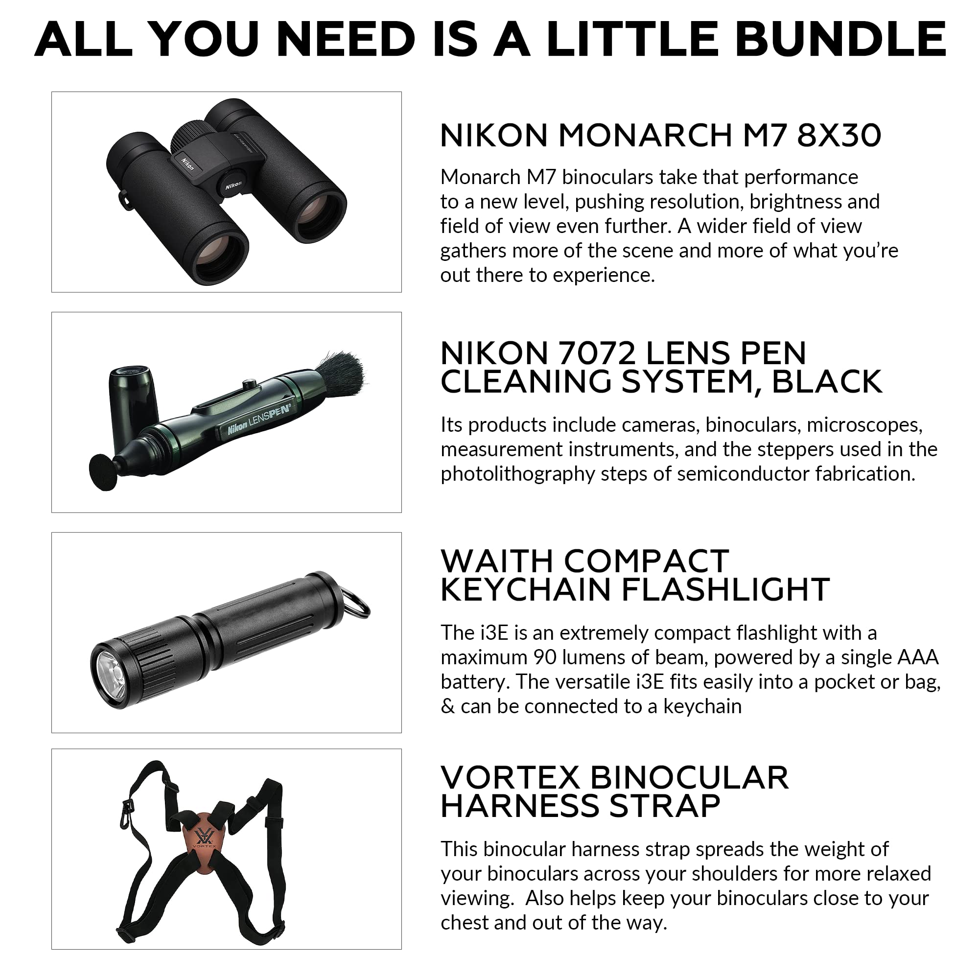 Nikon Monarch M7 8x30 Waterproof Binocular for Adults | Small & Compact Travel Binoculars for Bird Watching | Binocular Harness Strap, Lens Pen Cleaning System, & Flashlight Bundle Set