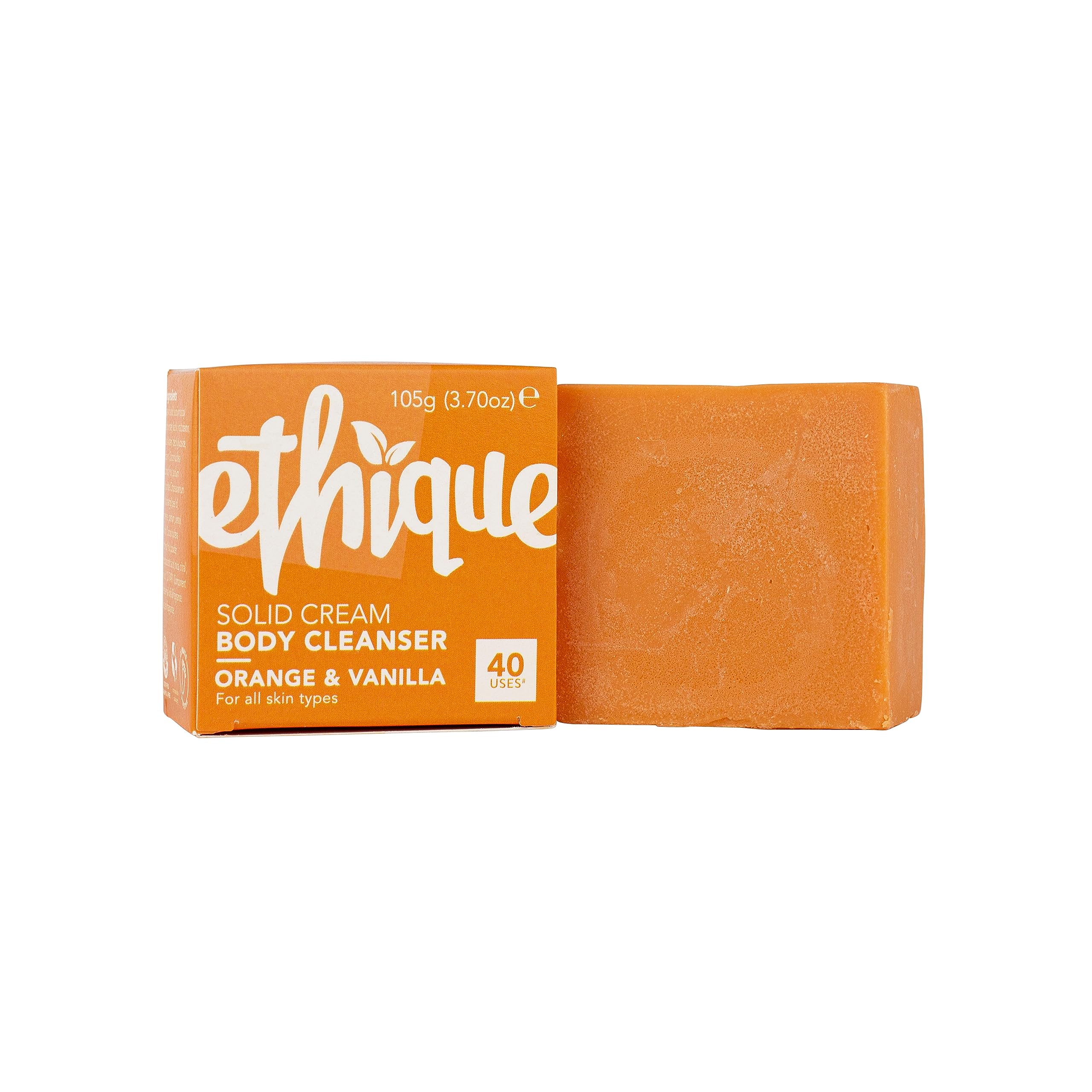 Ethique Sweet Orange & Vanilla Cream Solid Natural Bodywash Soap for Sensitive Skin - Super Hydrating & pH Balanced - Plastic-Free, Vegan, Cruelty-Free, 3.7 oz