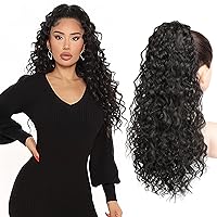 Ponytail Extension, Curly Wavy Drawstring Ponytail Hair Extensions Extra Fluffy Fake Pony Tail Extension 22 Inch Synthetic Hairpiece for Women Daily Use - Black Brown