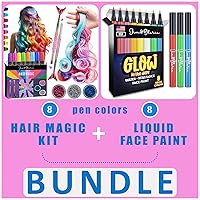 Jim&Gloria Dustless Hair Chalk For Girls With Clip-on Colored Hair, Brushes And Glitters, Temporary Hair Dye + 8 Neon Liquid Face Paint Pen UV Glow in the Dark Smudge-Proof Water Resistance Waterproof