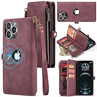CaseMe Logo View for iPhone 13 Pro Max Magsafe Wallet Case Credit Card Holder, Durable PU Leather Flip Lanyard Strap Wristlet Zipper Wireless Charging Women Men for iPhone 13 Pro Max Phone case(Red)
