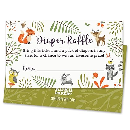 Woodland Diaper Raffle Tickets with Owl and Forest Animals. Pack of 50 Fill In The Blank Unisex Design Suitable for Boy or Girl.