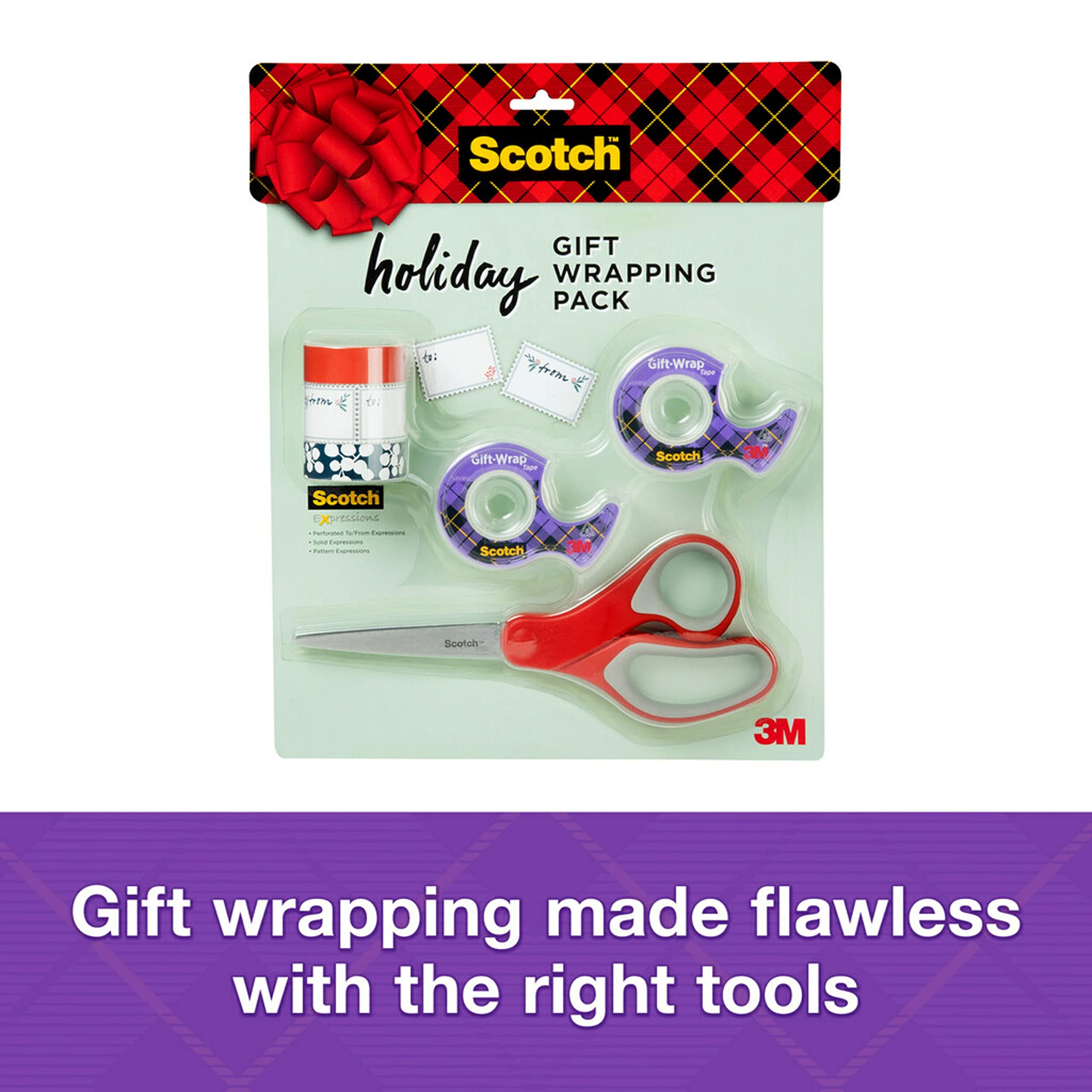Scotch Gift Wrap Tape Kit, Wrapping/Art Supplies Set with Cute Washi Tape, To/From Labels, Sharp Scissors for Office, and Scotch Tape for Gift Wrapping, Scrapbooking, and Journaling