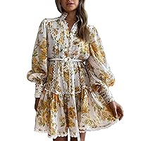 Roiii Women A-Line Knitting Loose Length Sleeve Casual Dresses V Neck Embroidery Party Short Dress Dress