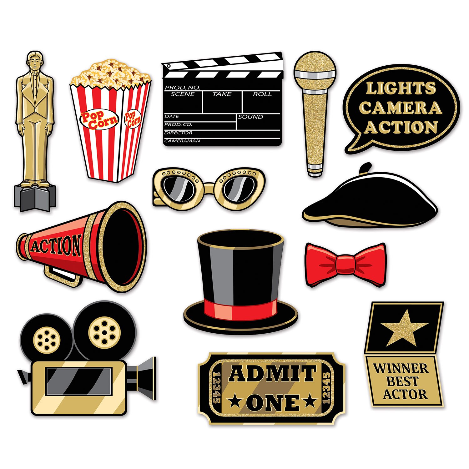 Beistle 13 Piece Glittered Awards Photo Booth Sign Props – VIP Movie Night Party Supplies, 5.5