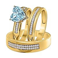 His and Hers Matching Wedding Band Ring Set 14K Yellow Gold Plated Alloy 6 MM Heat Cut CZ Aquamarine Engagement Trio Bridal Set