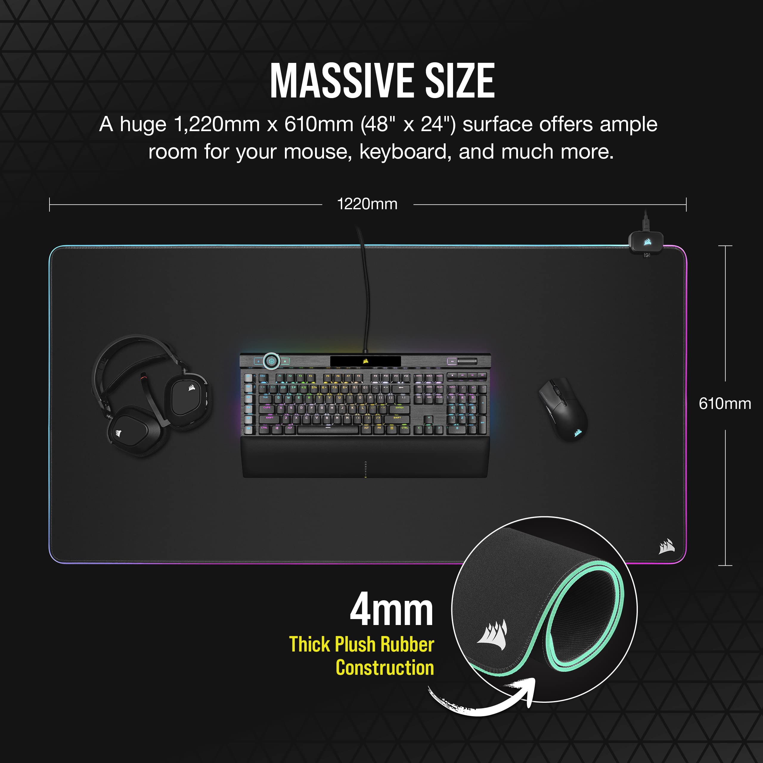 Corsair MM700 RGB Extended 3XL Cloth Gaming Mouse Pad/Desk Mat - Massive 1,220mm x 610mm (48” x 24”) Cloth Surface, 360° Three-Zone RGB Lighting, Two USB Ports - Black