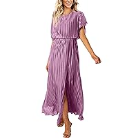 ECOWISH Womens Summer Maxi Dresses: Crew Neck Ruffle Cocktail Dress Sexy Pleated Slit Long Sundresses
