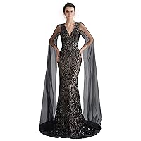Women's V-Neck Sequins Mermaid Evening Dress with Sheer Sleeves