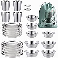 Stainless Steel Camping Plates Cups and Bowls set. Camping dish Set (24-Piece Set) 3.5inch to 8.6inch. Plates for Camping, Hiking, Beach,Outdoor Use Incl. Travel Bag