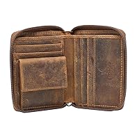 Mens Designer Full Zip Around Distressed Hunter Real Leather Billfold Wallet 720 Brown