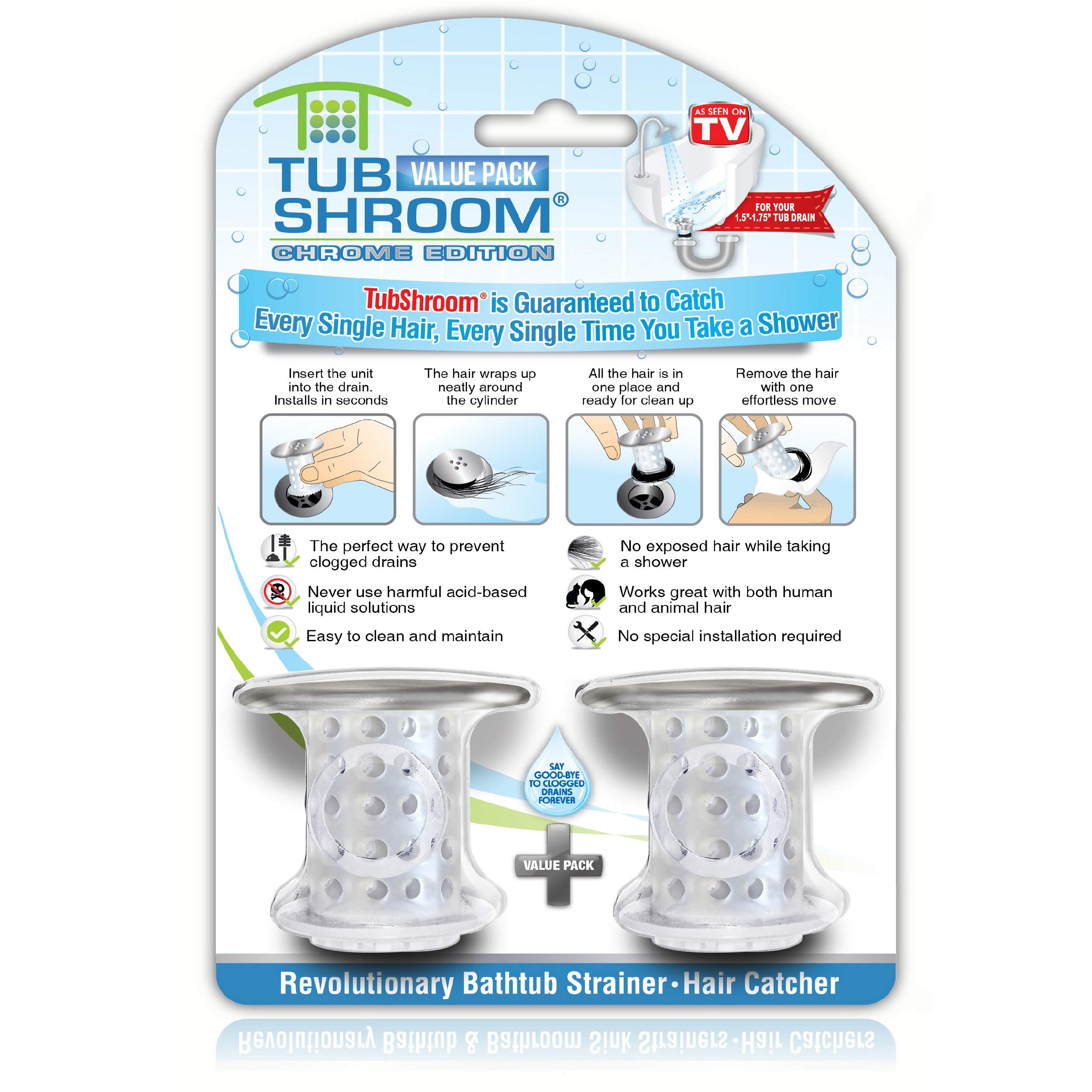 TubShroom Tub Drain Hair Catcher, 2 Pack, Chrome – Drain Protector and Hair Catcher for Bathroom Drains, Fits 1.5” – 1.75” Bathtub and Shower Drains