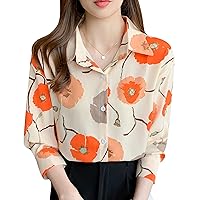 LAI MENG FIVE CATS Women's 2024 Elegant Collared Floral Print Shirt Blouse Casual Button Down Tops