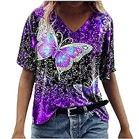 Summer Tops for Women 2023 Novelty Turtle Starfish Printed Graphic Shirts V Neck Short Sleeve Beach Blouses
