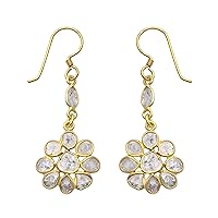 2.50 CTW Natural Diamond Polki Flower Hanging Dangles 925 Sterling Silver 14K Gold Plated Slice Diamond Earrings