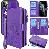 Lacass for iPhone 11 Pro Max 6.5 inch Case [Card Slots] ID Credit Cash Holder Zipper Pocket Detachable Magnet Leather Wallet Cover Wrist Strap Lanyard Carrying Pouch(Butterfly Purple)