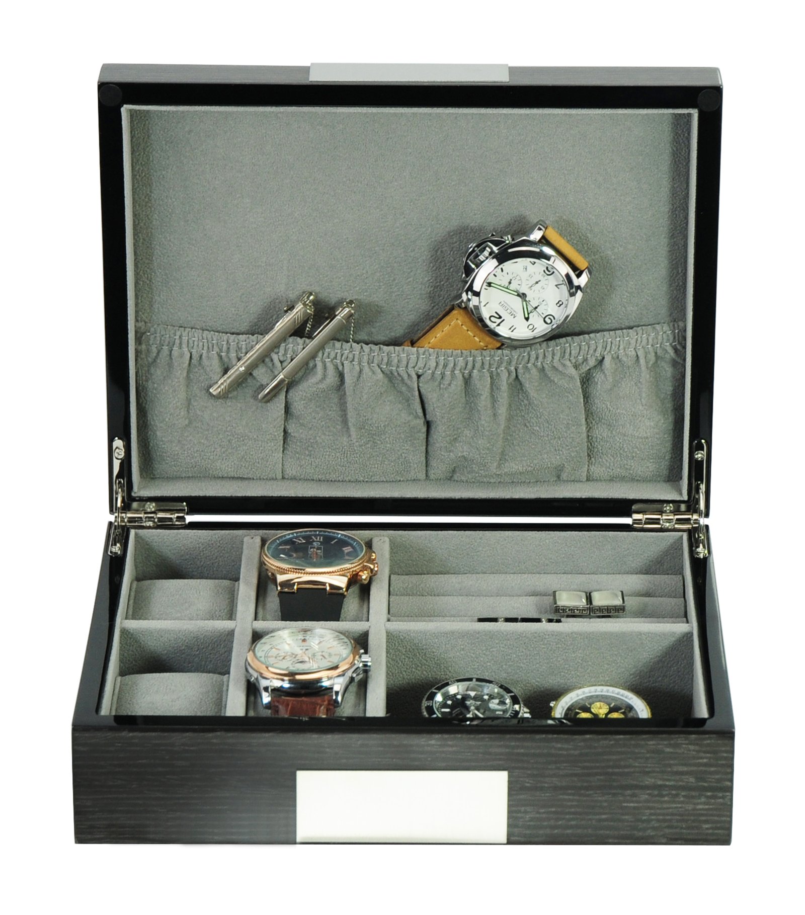 TimelyBuys Personalized Grey Ginko Lacquered Wood Watch Cufflink Case & Ring Storage Organizer Men's Jewelry Box