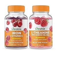 Lifeable Iron with Vitamin C + L Theanine with Ginkgo Biloba, Gummies Bundle - Great Tasting, Vitamin Supplement, Gluten Free, GMO Free, Chewable Gummy