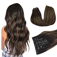 DOORES Hair Extensions Seamless Clip in Human Hair, Dark Brown to Chestnut Brown 7pcs 110g 16 Inch, Human Hair Extensions Seamless Hair Extensions Straight Hair Invisi Edge Hair Extensions