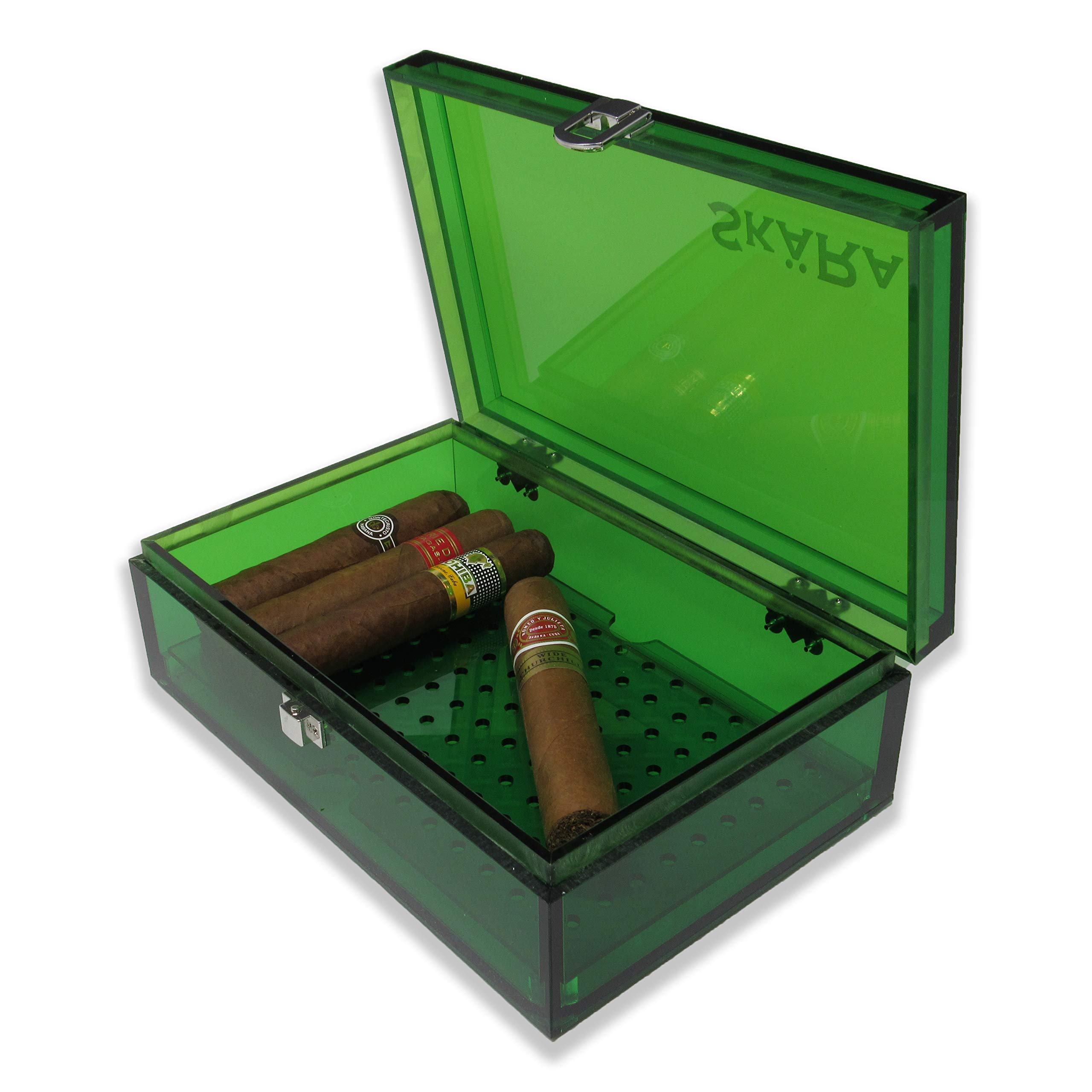 Skara Acrylic Humidor for Up to 20 Cigars with Secure Lid for Desk Or Travel Free Humidity Pack Included (Green)