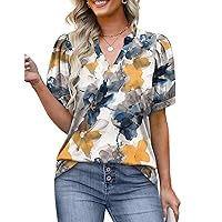 OFEEFAN Women's Pleated Puff Sleeve Tops Summer V Neck Tunic Shirts Loose Curved Hem Blouses Dressy Casual S-3XL