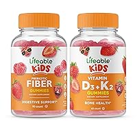 Lifeable Prebiotic Fiber Kids + Vitamin D3 + Vitamin K2 Kids, Gummies Bundle - Great Tasting, Vitamin Supplement, Gluten Free, GMO Free, Chewable Gummy