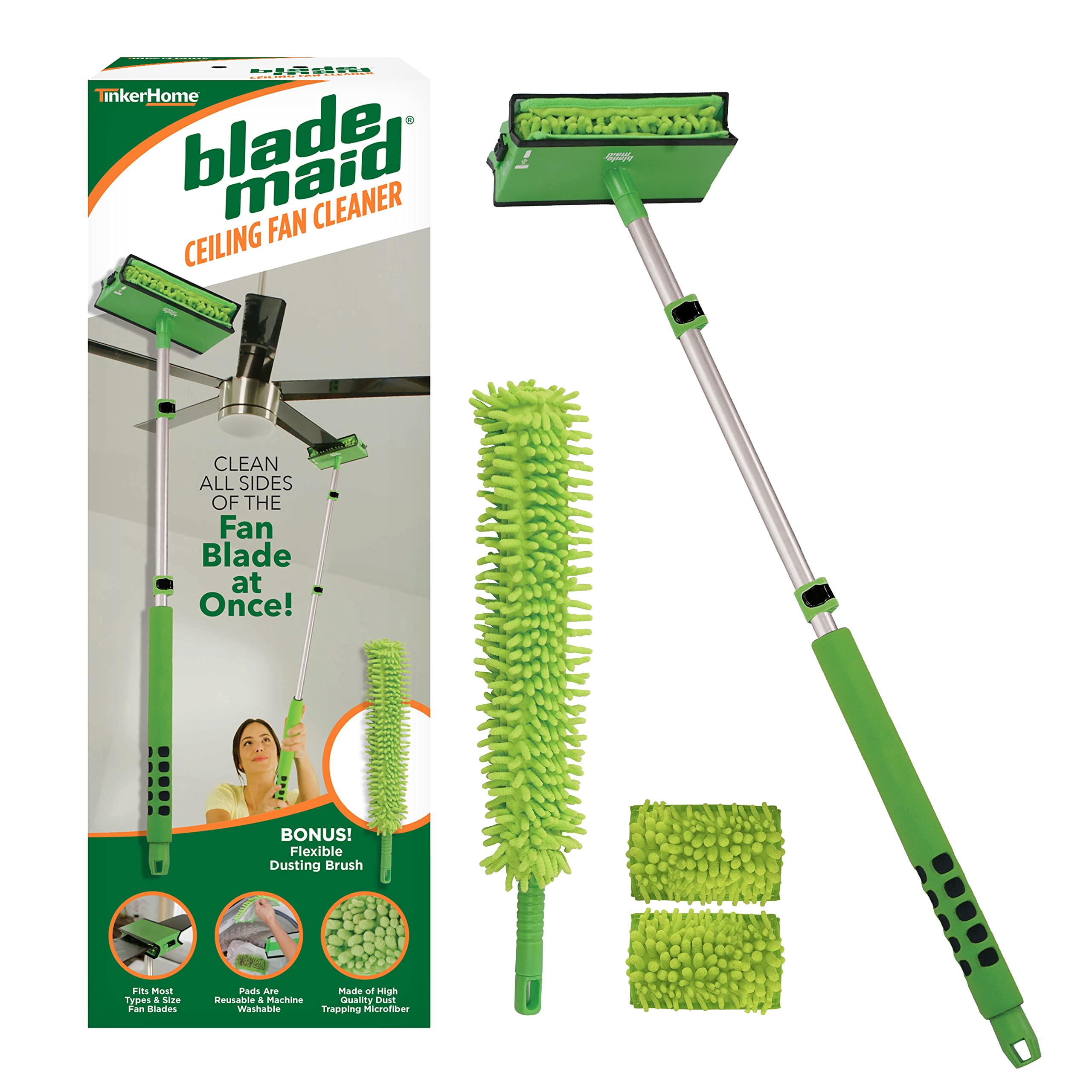 Blade Maid Ceiling Fan Cleaner- Cleaning Tool with 3 Foot Extendable Pole, Cleaning Head, Reusable Fiber Duster, & Flexible Brush