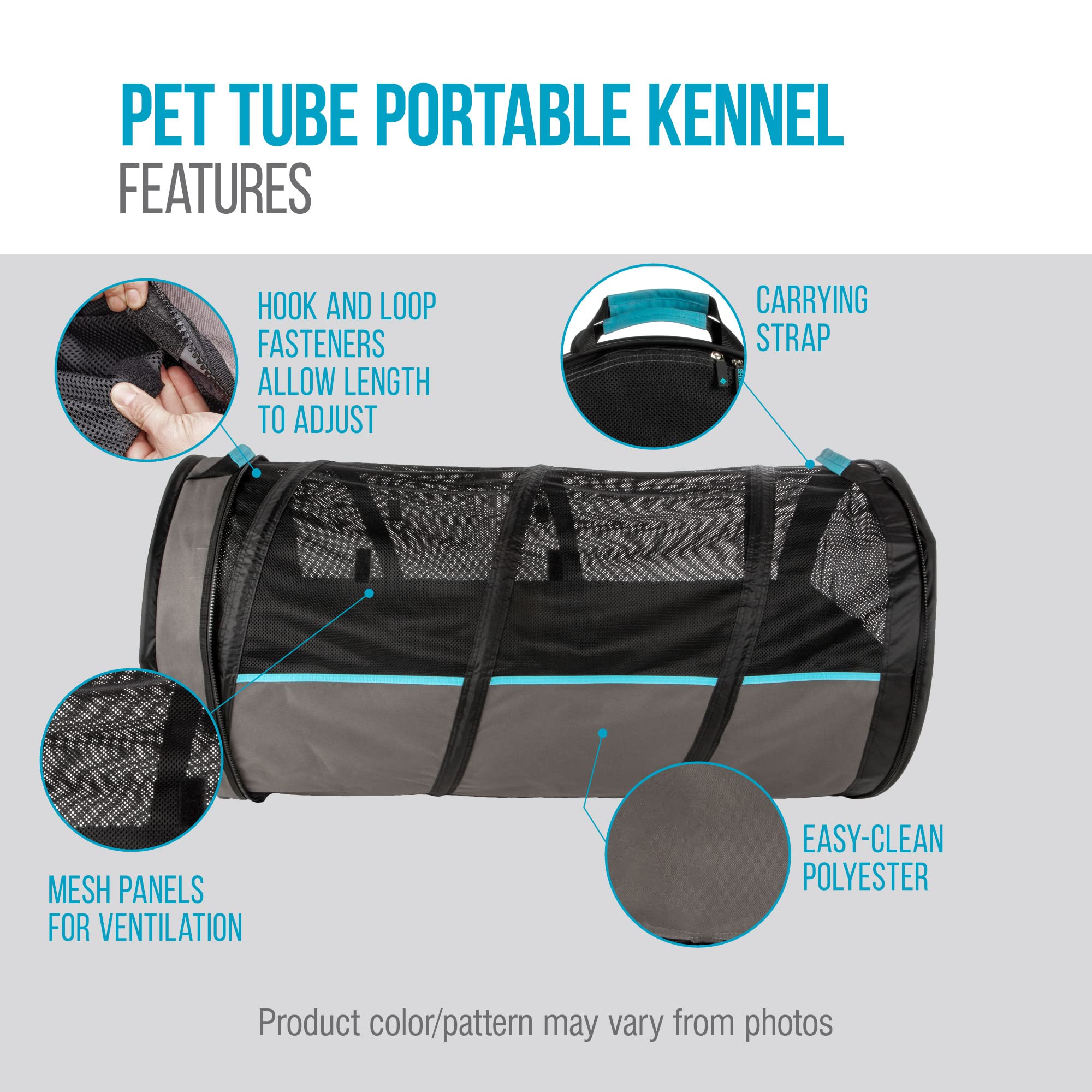 Sherpa Pet Tube Tunnel Pet Carrier, Soft-Sided Portable Popup Car Kennel for Dogs & Cats - Lightweight, Claw-Resistant Fabric, Mesh Panels, Washable - Black & Gray, One Size