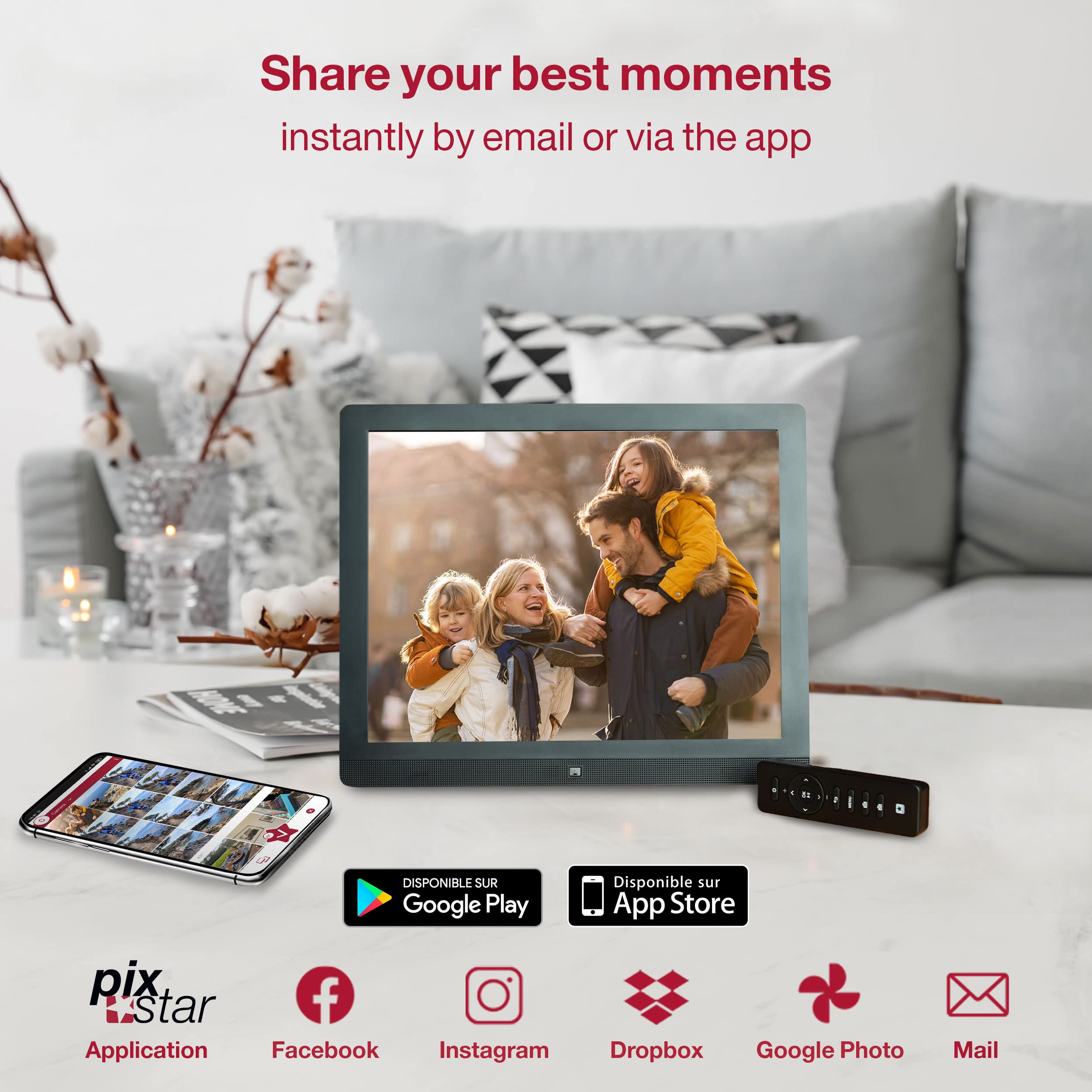 Pix-Star 10 inch WiFi Digital Picture Frame, Share Videos and Photos Instantly by Email or App, Motion Sensor, IPS Display, Effortless One Minute Setup, Highly Giftable