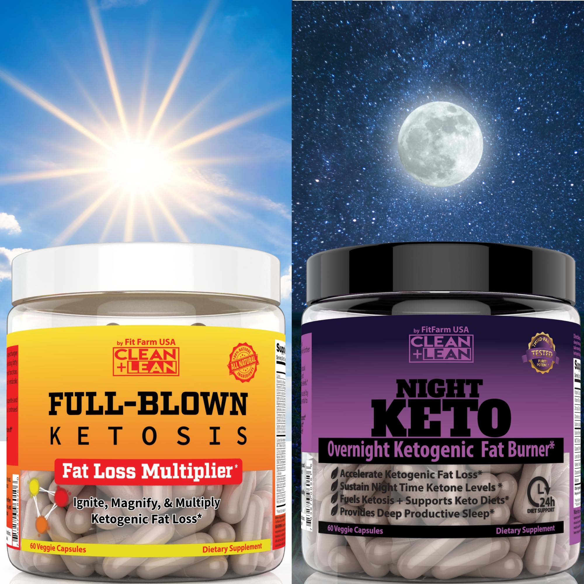 FIT FARM USA Clean+Lean 24HR Keto Stack! Boost ketogenic Fat Loss and Stay in ketosis All Day and All Night with Our All Natural, Gluten-Free, & Vegan Friendly Keto Formulas